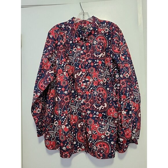 Talbots Plus Classic Cotton Shirt Navy Blue Red Picnic Paisley Floral 3X - Picture 2 of 6